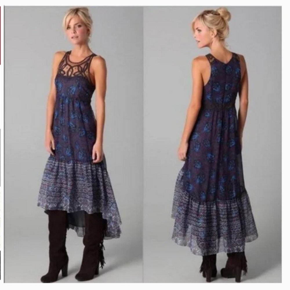 Free People Blue and Purple Floral High-Low Women's Dress Size 12